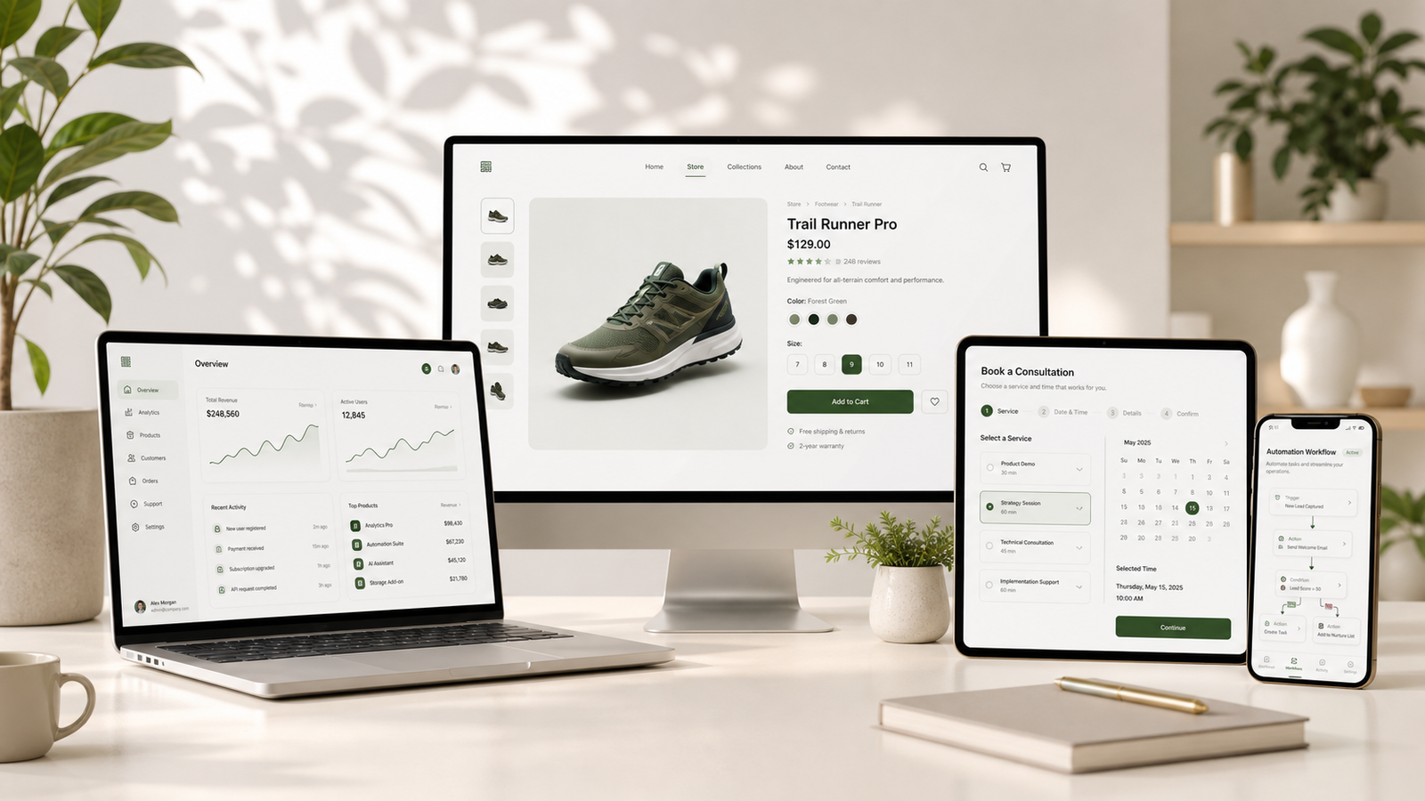 Bright multi-device product interface showcase on a cream studio desk with green accents